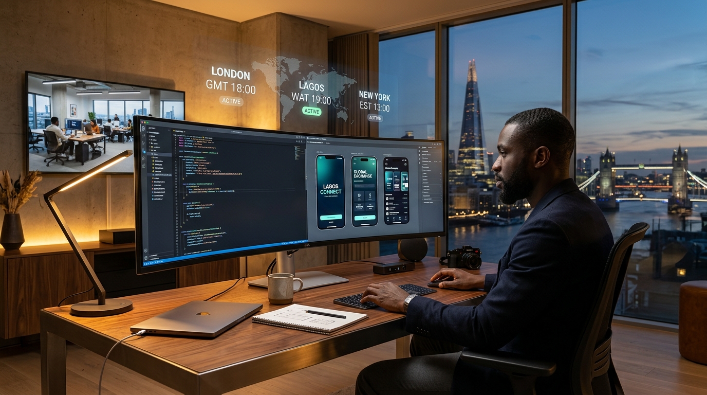 Diaspora founder collaborating across London, New York, and Lagos over high-speed video and cloud code repository